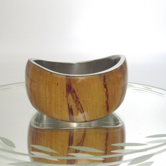 Stainless Steel & Wood Grain Inlay Banana Bark Cuff Bracelet - Picture 13 of 16